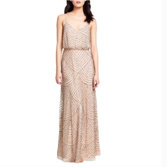 Adrianna Papell Women's Long Beaded Art Deco Blouson Gown Taupe/Pink Size 4 - Picture 8 of 16
